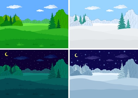 Landscape, forest, set vectors: winter and summer, night and dayのイラスト素材