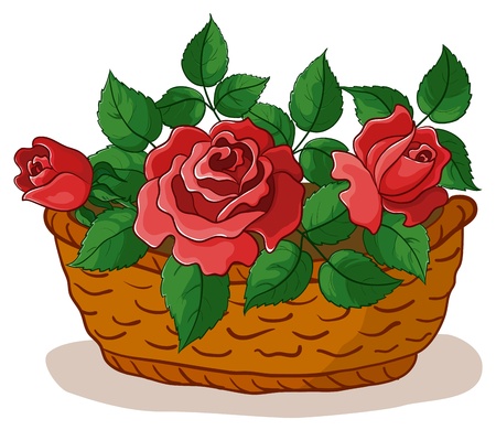 wattled basket with flowers red roses and green leavesのイラスト素材