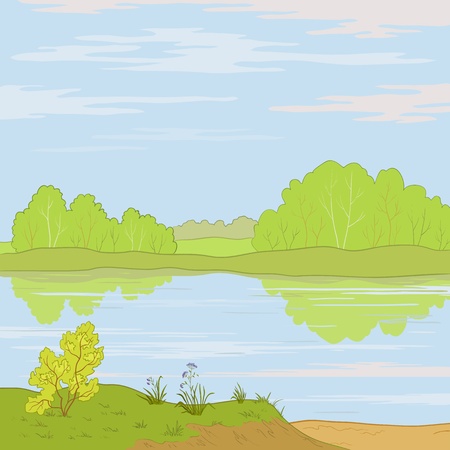Vector, summer landscape: forest, river and the blue sky with white cloudsのイラスト素材