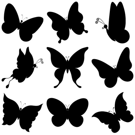Various butterflies, black silhouettes on white background, vectorのイラスト素材