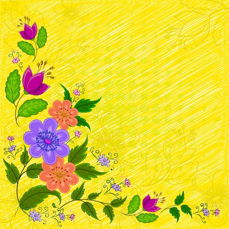 Abstract vector background: various symbolical flowers on yellowのイラスト素材
