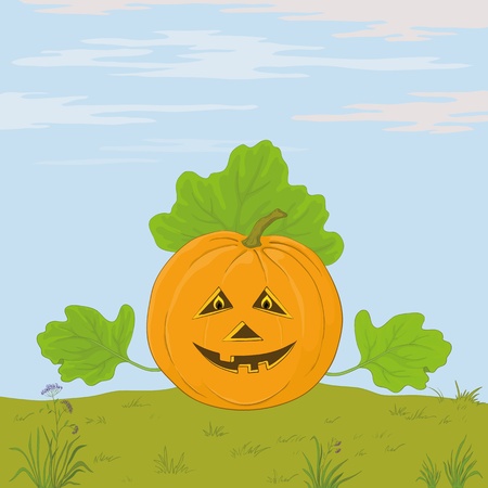 Vector, symbol of a holiday of Halloween: a pumpkin Jack O Lantern with hands - the leaves against the blue skyのイラスト素材