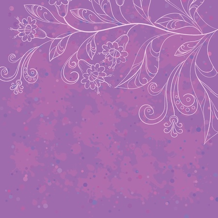 Vector abstract floral background with lilac stain and white contours flowersのイラスト素材