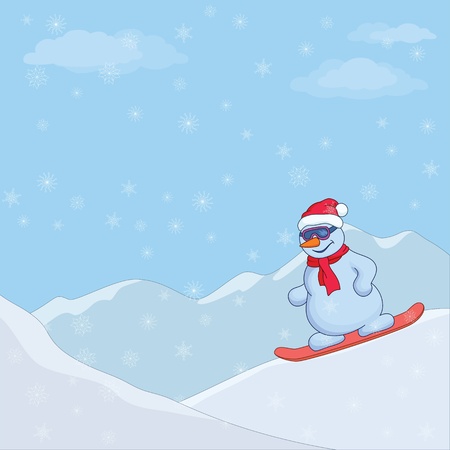 Vector cartoon, snowman sportsman skiing on a snowboard in the mountainsのイラスト素材