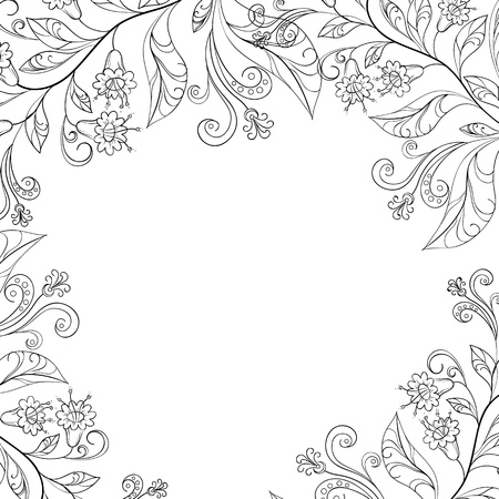 floral background, frame of flowers and leafs, contoursのイラスト素材