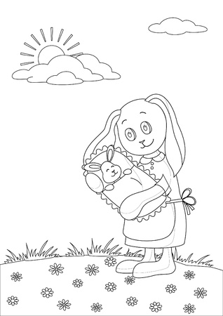 Vector cartoon, rabbit mother with baby in the meadow, contoursのイラスト素材