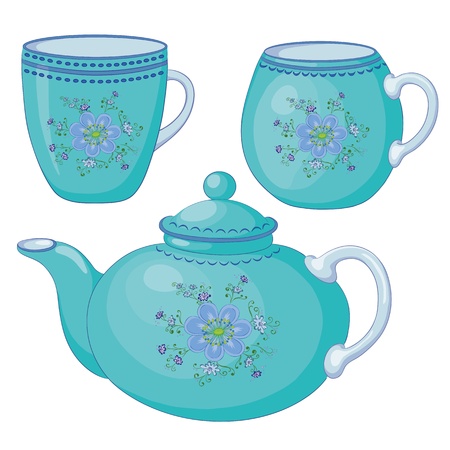 Vector, blue china teapot and cups with a pattern of flowers and leavesのイラスト素材