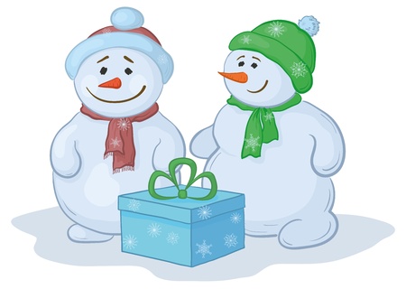 Christmas cartoon, snowmens children with gift box.のイラスト素材