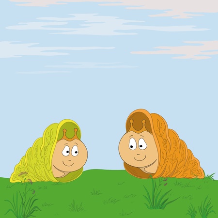 Two snails meet in the green summer meadow. Vectorのイラスト素材