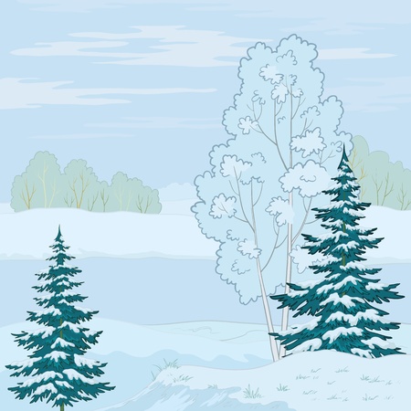 Winter landscape: tree on the shore of a frozen pond and the blue sky with white clouds. Vectorのイラスト素材