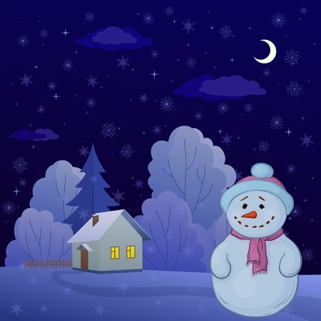 Christmas cartoon: snowman on a night winter forest glade with house. Vectorのイラスト素材