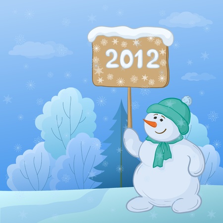 Christmas cartoon, snowmen boy with the poster with the inscription 2012 in the winter forest. のイラスト素材