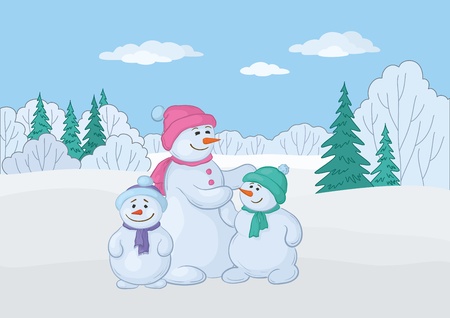 Christmas cartoon: snowmens mother and childrens in the winter forest. のイラスト素材