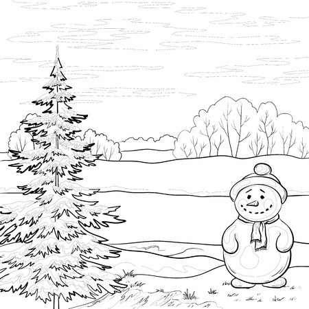 Snowman and Christmas tree on the bank of the winter forest river, contours. Vectorのイラスト素材