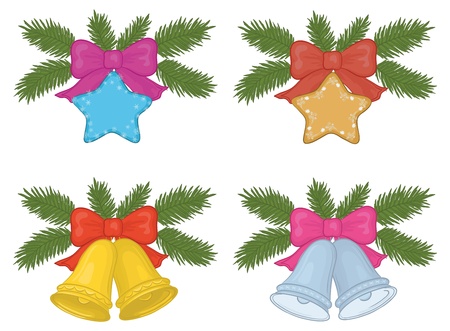 Christmas decorations, set: bells and stars with bows and green fir branches. Vectorのイラスト素材