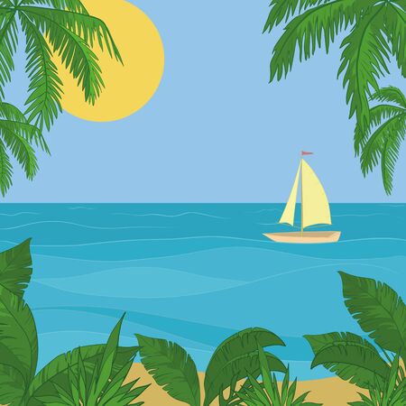 Sailing ship floating in the blue sea, the view from a tropical island. Vectorのイラスト素材