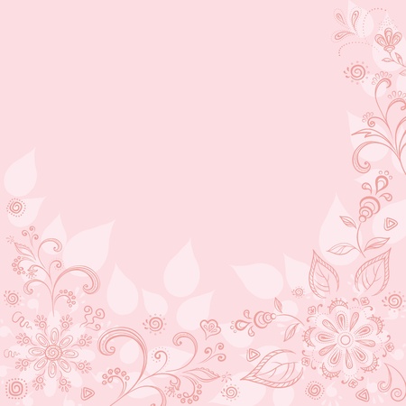 Abstract pink background with a symbolical outline flowers and leaves. Vectorのイラスト素材