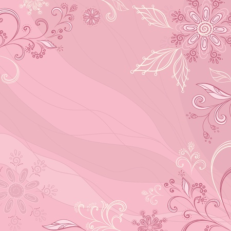 Abstract pink background with a symbolical outline flowers and leaves. Vectorのイラスト素材