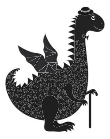 Symbol of holiday East New Years dragon in a hat with a cane, black silhouette with white lines. Vectorのイラスト素材