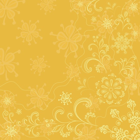Abstract floral background, outline flowers and leaves on a yellow. Vectorのイラスト素材