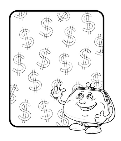Smiling purse shows the thumb up against the background of the poster with dollars, contours. Vectorのイラスト素材