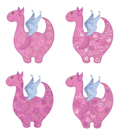 Set Dragons with valentine hearts and floral patterns. Vectorのイラスト素材