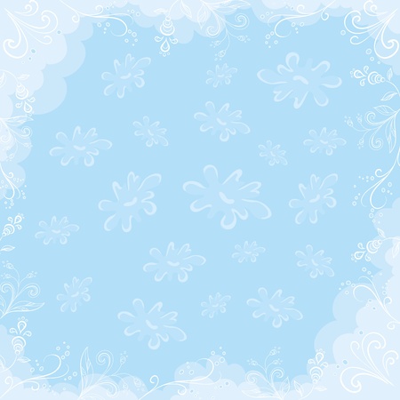 Abstract blue background with a symbolical white outline flowers and leaves  Vectorのイラスト素材