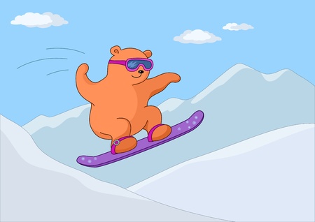 Teddy bear goes for a drive on a snowboard against mountainsのイラスト素材