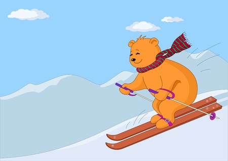 Teddy-bear slides on skis from hill against a mountain landscapeのイラスト素材