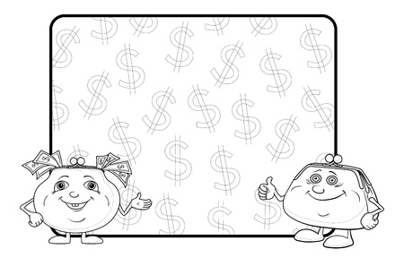 Smiling purses shows the thumb up against the background of the poster with dollars, contour  Vectorのイラスト素材