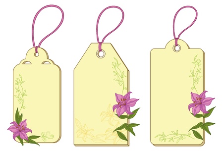 Set labels tags with lily, floral pattern and ropes のイラスト素材