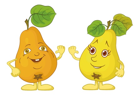 Cartoon, fruits, two character pears with green leaves isolated on white backgroundのイラスト素材