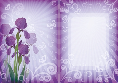 Flower background for greetings card with iris, butterflies, rays, frame and figures  のイラスト素材