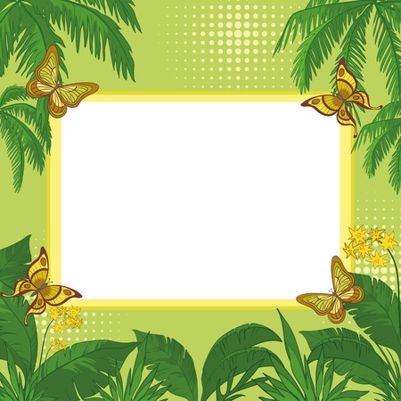 Frame of tropical butterflies, leaves and flowers with a blank white background のイラスト素材