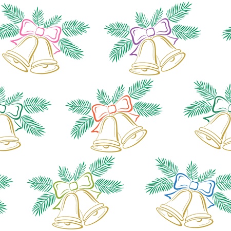 Seamless background, Christmas decoration  golden bells with bows and green fir branches, symbolical pictogram illustrationのイラスト素材