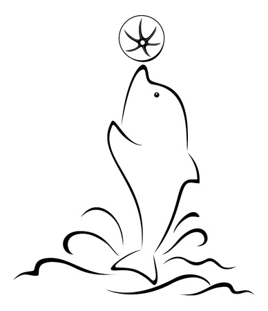 Dolphin playing with a ball, pictogram, black contour on white background  Vector illustrationのイラスト素材