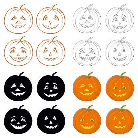 Symbol of the holiday Halloween pumpkins Jack O Lantern on white background, set  icons, shapes, silhouettes, cartoons  Vectorのイラスト素材