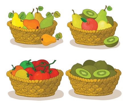 Set wattled baskets with fruits and vegetables  pears, apples, tomatoes and kiwifruits  Vector,のイラスト素材