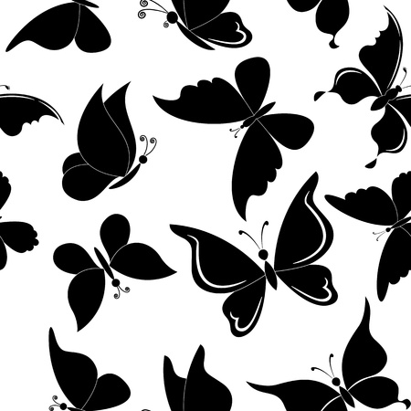 Seamless background, butterflies black silhouettes on white background  Vectorのイラスト素材