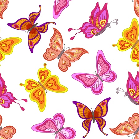 Seamless background, various symbolical butterflies, coloured contours on a white background  Vectorのイラスト素材