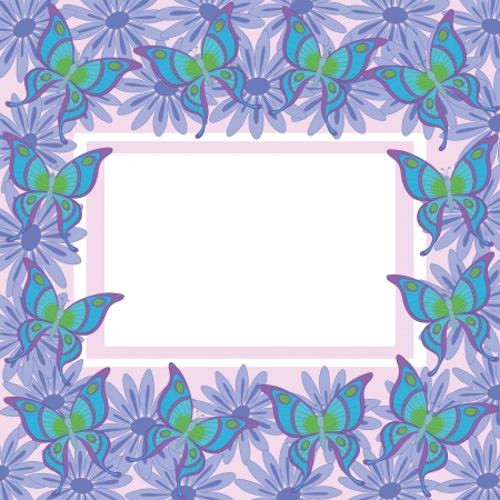 White background with a frame of flowers and butterflies  のイラスト素材