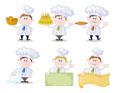 Set of cartoon cooks, chefs  hold basket of bread, cake, pizza, menus, posters  のイラスト素材