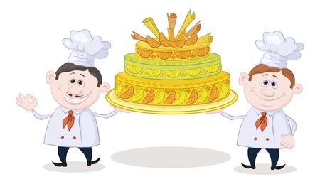 Cartoon character cooks - chefs with sweet holiday cake, isolated on white background  Vectorのイラスト素材
