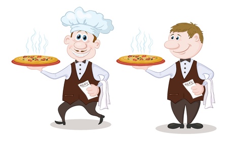 Cartoon waiters deliver a delicious hot pizza to the client, isolated on white background  Vectorのイラスト素材