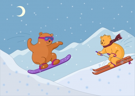 Teddy bears go for a drive on a skateboard and skis against mountains at nightのイラスト素材