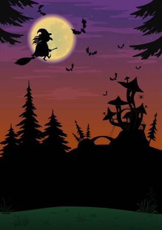 Holiday Halloween night landscape with witch and magic Castleのイラスト素材