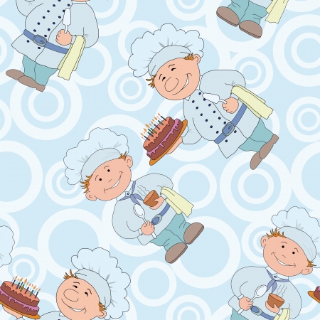 Seamless background, cooks with sweet cake and cup of drink. のイラスト素材