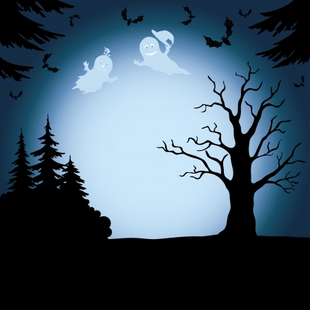 Halloween cartoon landscape with silhouettes of trees, ghosts and bats  Vectorのイラスト素材