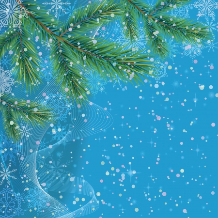 Christmas holiday background with fir branches, sky, stars and snowflakesのイラスト素材