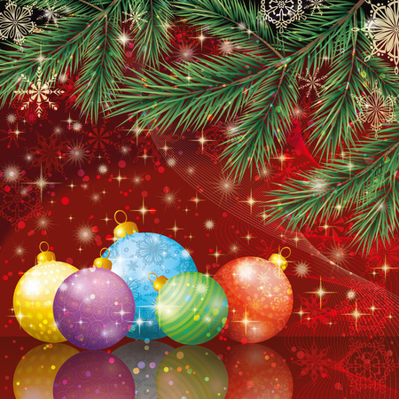 Christmas holiday background with fir branches, balls, stars and snowflakes. のイラスト素材